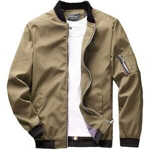 Men's Slim Fit Wear Lightweight Khaki Bomber Jacket Coat Winter Zipper Closure